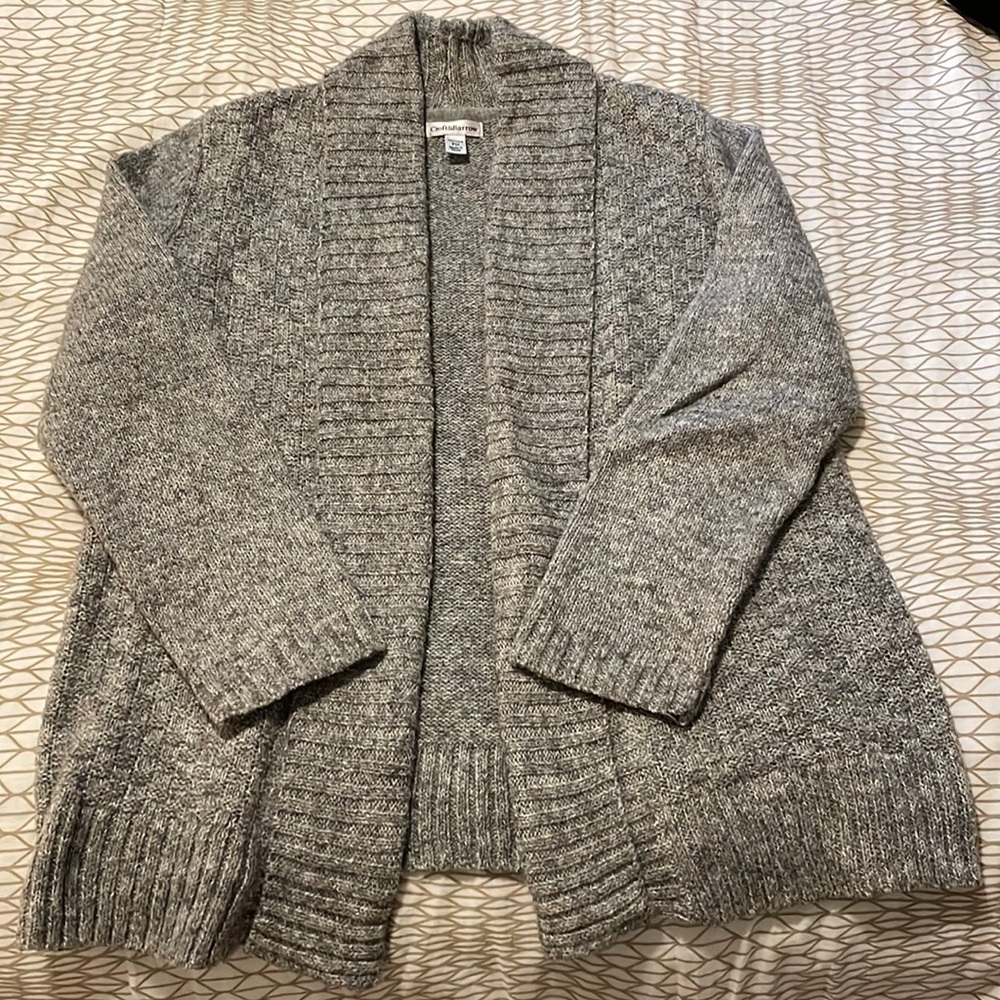 Gray cotton/poly cardigan, size petite medium.